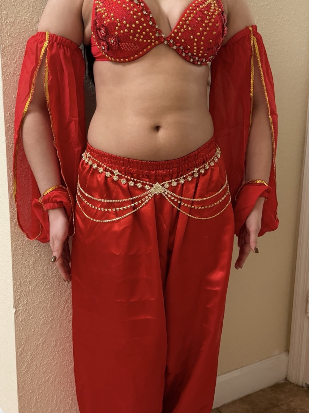 Custom Red Gold Belly Dance Costume 75C Bra Harem Pants Belt Sleeves